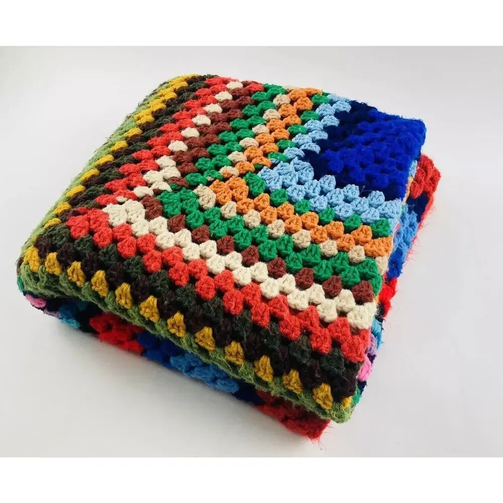 Vintage ONE Granny Square Afghan Crochet Blanket Throw Bright Multicolor Retro H